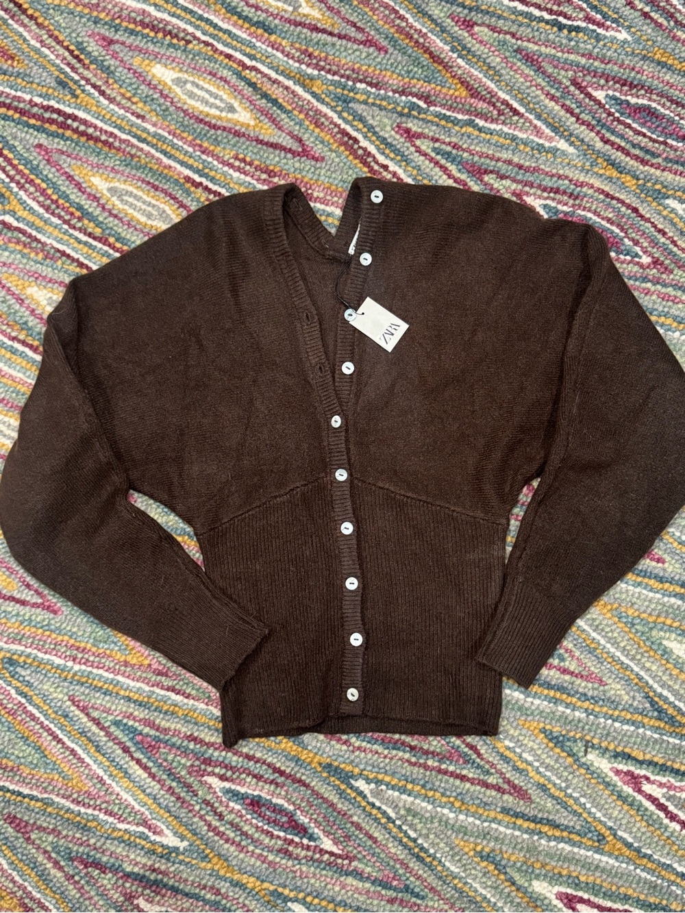 Zara Dark Brown Button-Up V-neck Cardigan Sweater Corset Design Top